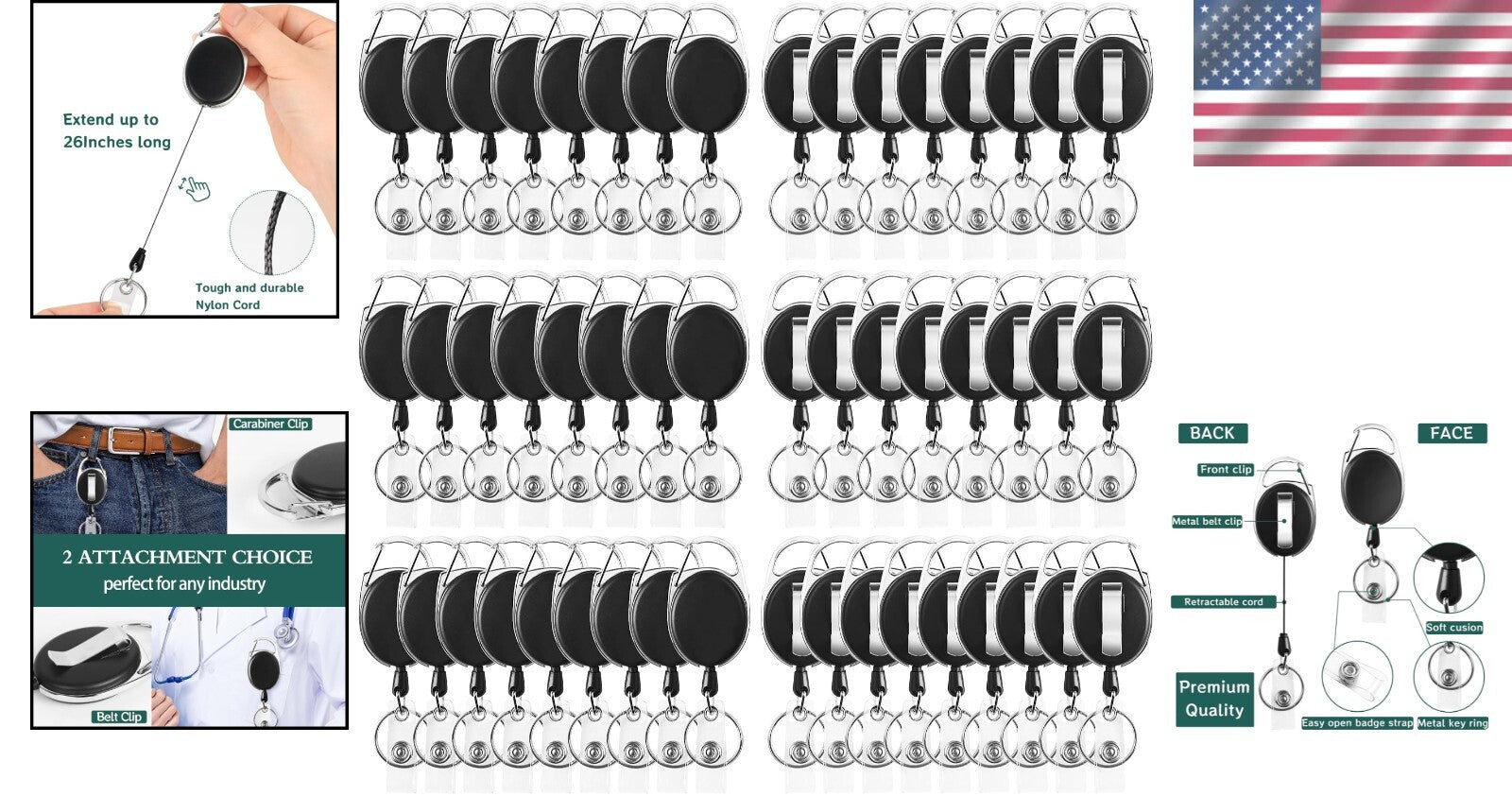 Versatile 50Pcs Badge Reels with Heavy-Duty Clips & 26-Inch Retractable Cord