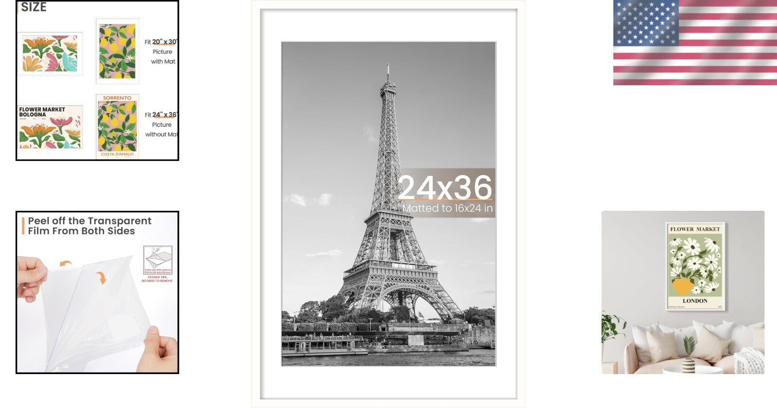 Classic Wall-Mount 24x36 Picture Frame - Durable with Mat for 20x30 Photos