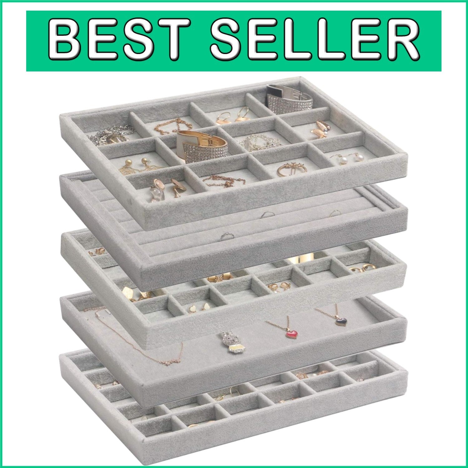 5-Pack Stackable Velvet Jewelry Trays - Elegant Organizer for All Jewelry