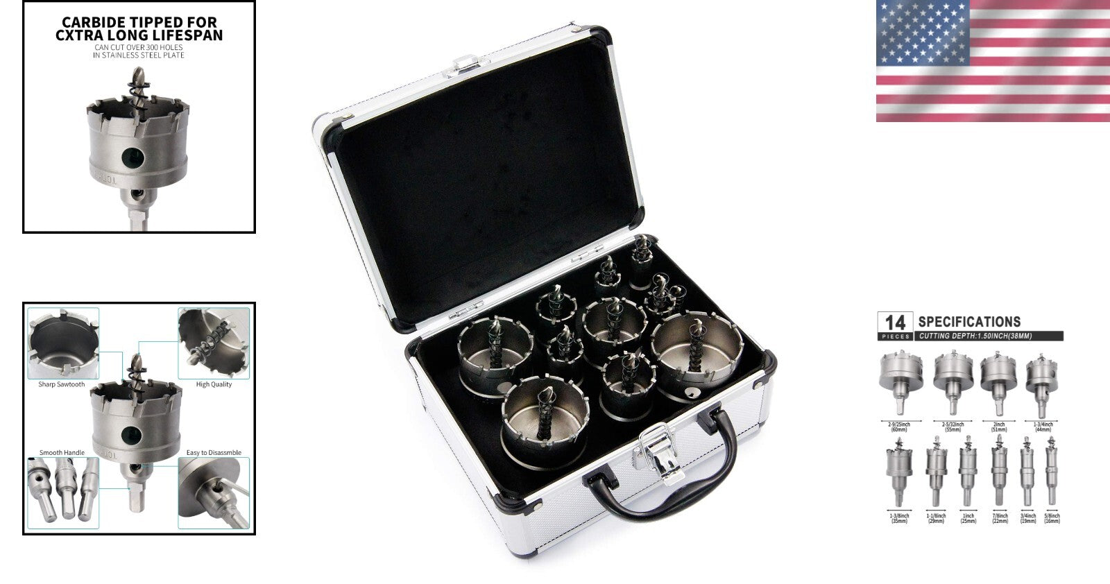 14-Piece TCT Hole Saw Kit - Tungsten Alloy Drill Bits for Metal Cutting