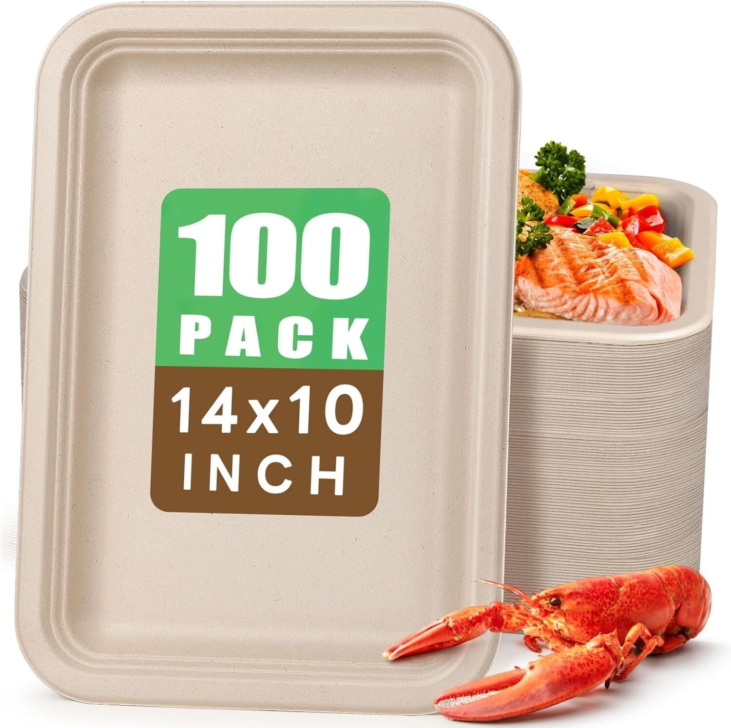 Heavy-Duty 14 Inch Compostable Food Trays - 100 Pack Natural Sugarcane Plates