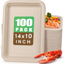 Load image into Gallery viewer, Heavy-Duty 14 Inch Compostable Food Trays - 100 Pack Natural Sugarcane Plates