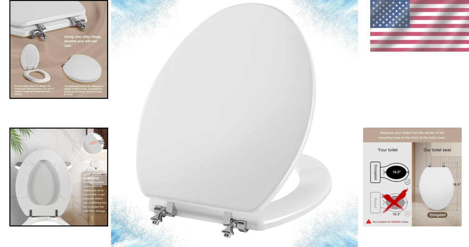Elegant Elongated White Toilet Seat in Durable Natural Wood with Zinc Hinges