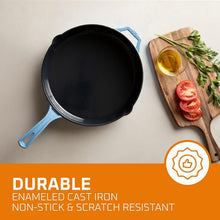 Load image into Gallery viewer, Oven-Safe 5QT Turquoise Cast Iron Frying Pan with Lid &amp; Stainless Steel Handle