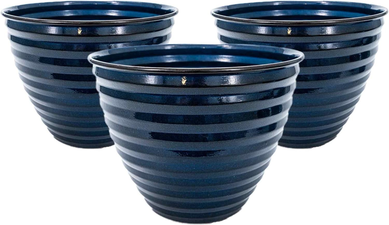 High-Gloss 12" Ironstone Midnight Sapphire Planters - Lightweight & Durable Set