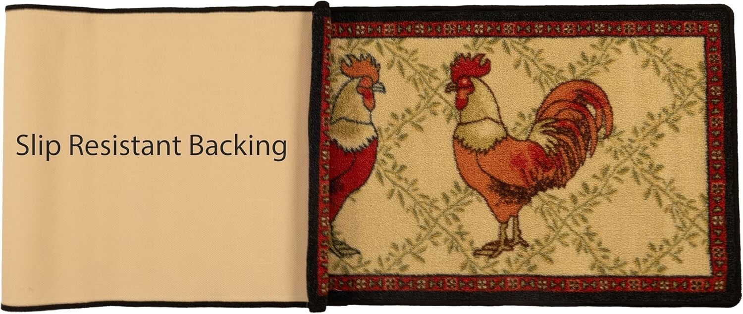 French Country Rooster Motif Kitchen Runner Rug - 23" x 7' Slip Resistant Style
