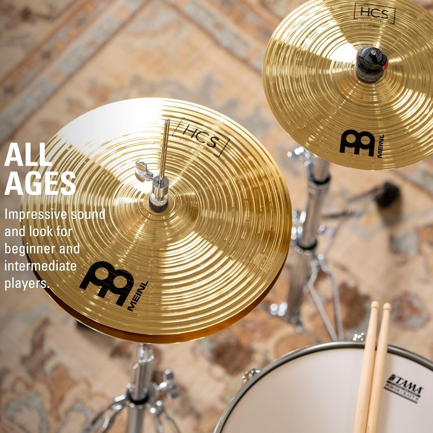 Durable Brass Cymbals HCS Set: 13" Hi-Hat, 14" Crash, 10" Splash, Sticks & More
