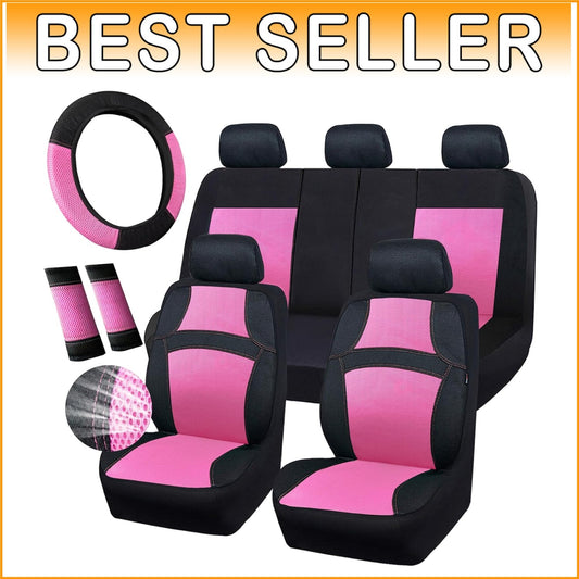 Cute Universal 13PCS Breathable Seat Covers for SUVs & Trucks – Hot Pink Accents