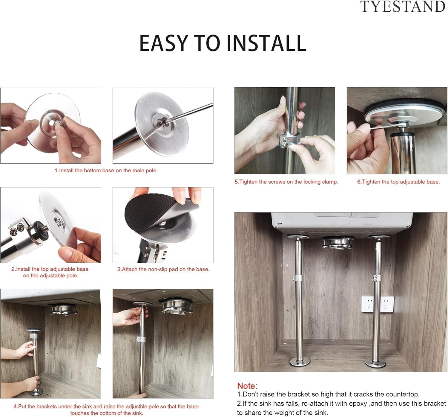 Stainless Steel Undermount Sink Support Kit - Height Adjustable 16-29.5 inches