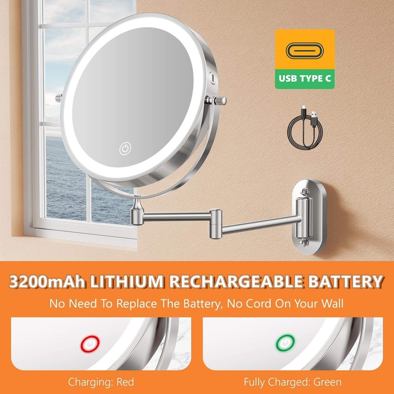 8” Round Makeup Mirror with 54 LED Lights - Rechargeable & Adjustable Brightness