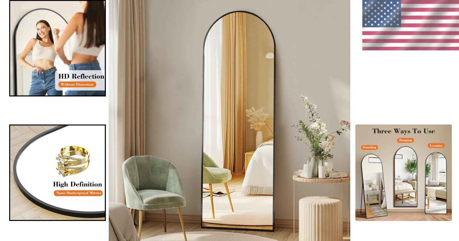 Ready-to-Use 64" x 21" Sleek Arched Mirror with Shatterproof Design - Home Decor