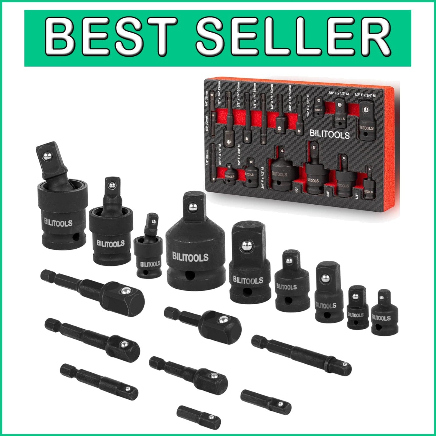17-Piece Socket Adapter Set with Universal Joint & Foam Organizer - SPRING SALE