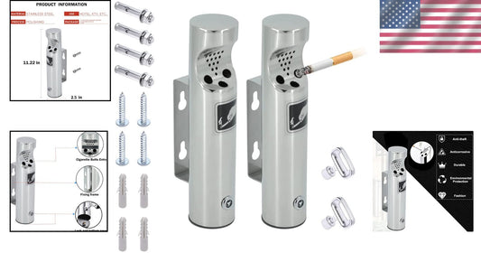 Durable Outdoor Stainless Steel Wall-Mounted Ashtray - 2 Pack, 11in Height