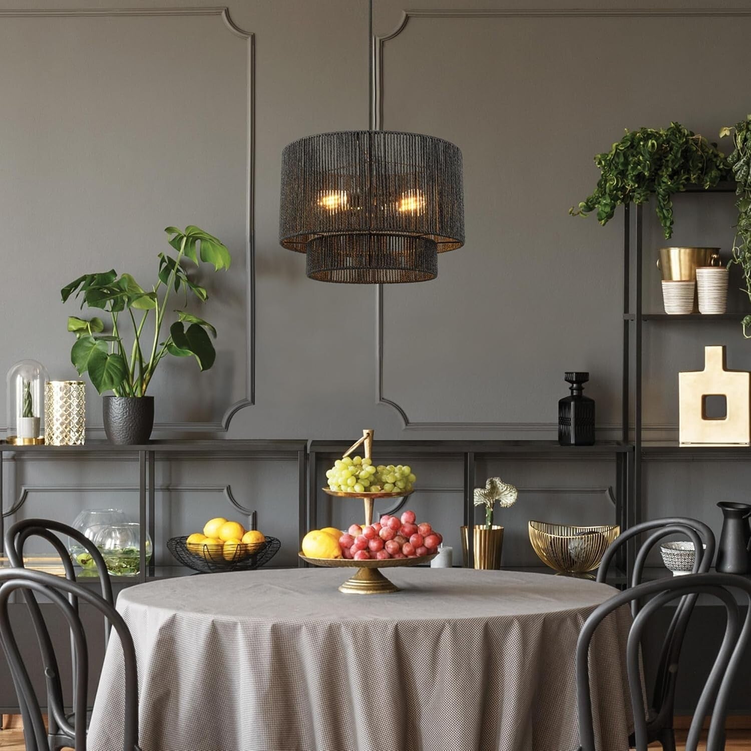 Dimmable 2-Light Pendant Light in Matte Black with Elegant Paper Twine Shade