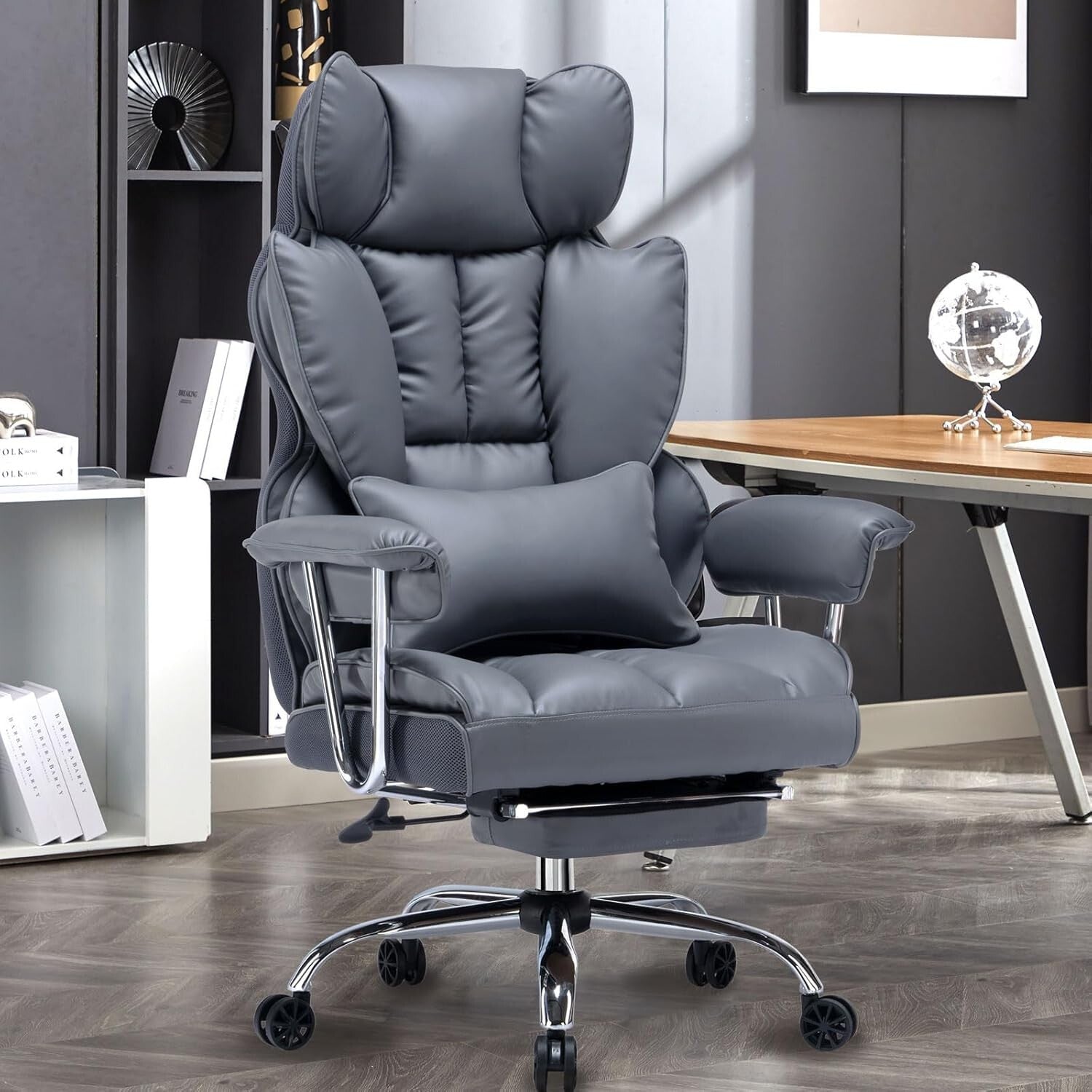 Big and Tall High Back Computer Chair with Footrest - Mineral Grey Elegance