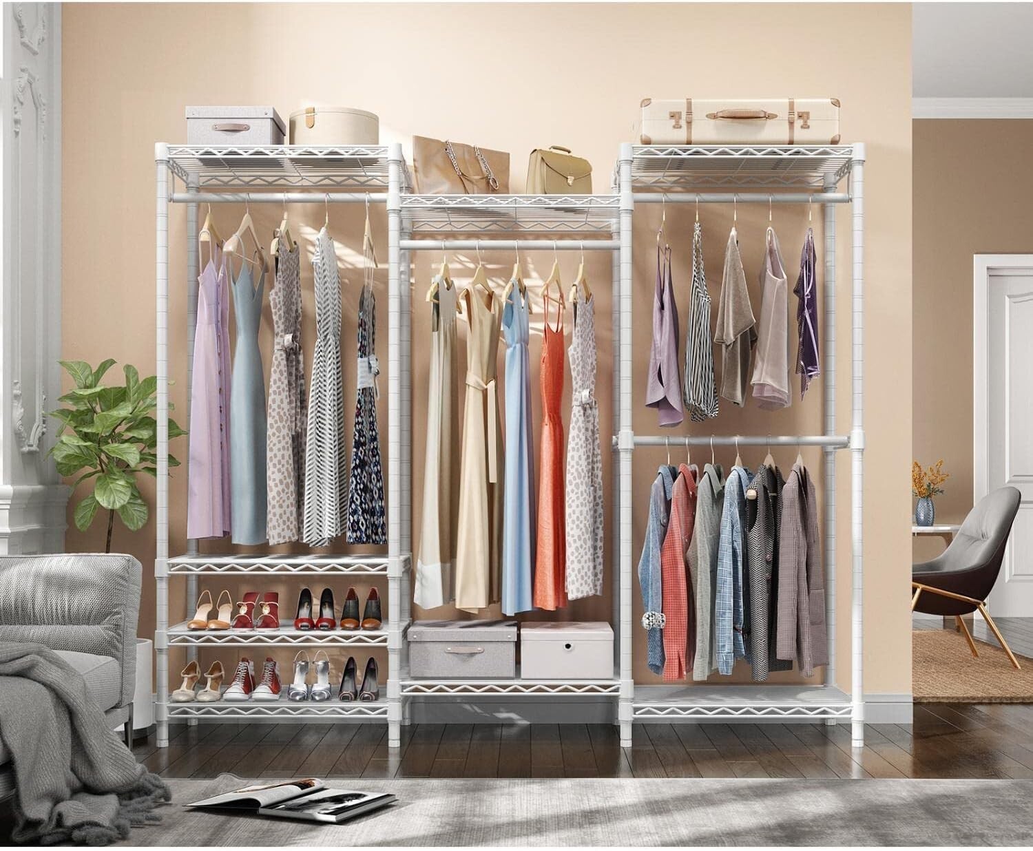 Freestanding White Closet Wardrobe Rack - Supports 890 lbs, 8 Shelves Included