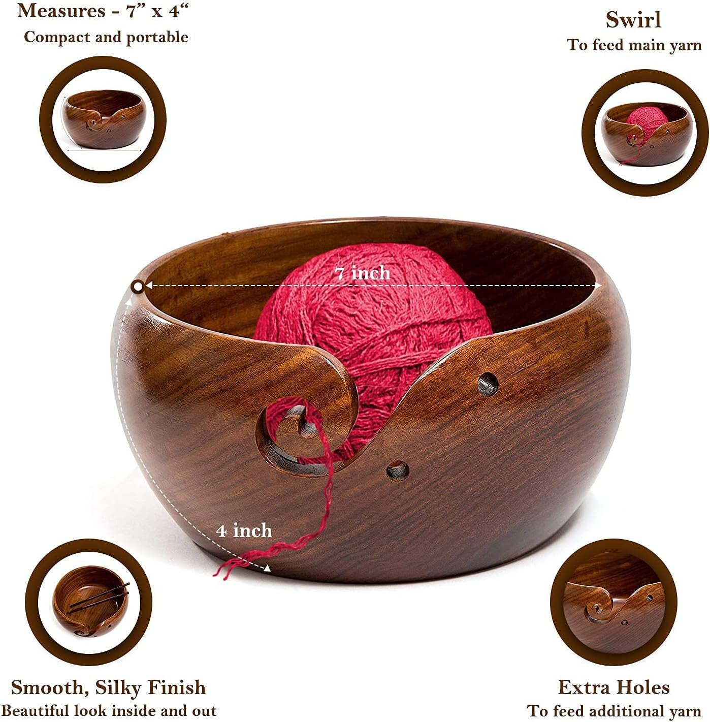 Deluxe 7x4 Rosewood Yarn Holder with Crochet Hooks & Travel Bag - Perfect Gift