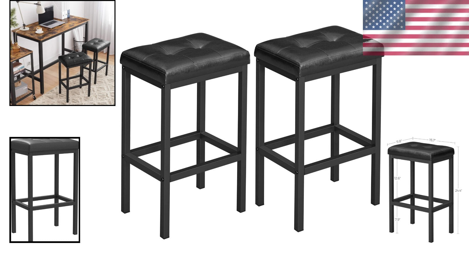 Backless Black Counter Bar Stools - Set of 2, Durable PU Leather, 24.4" Height