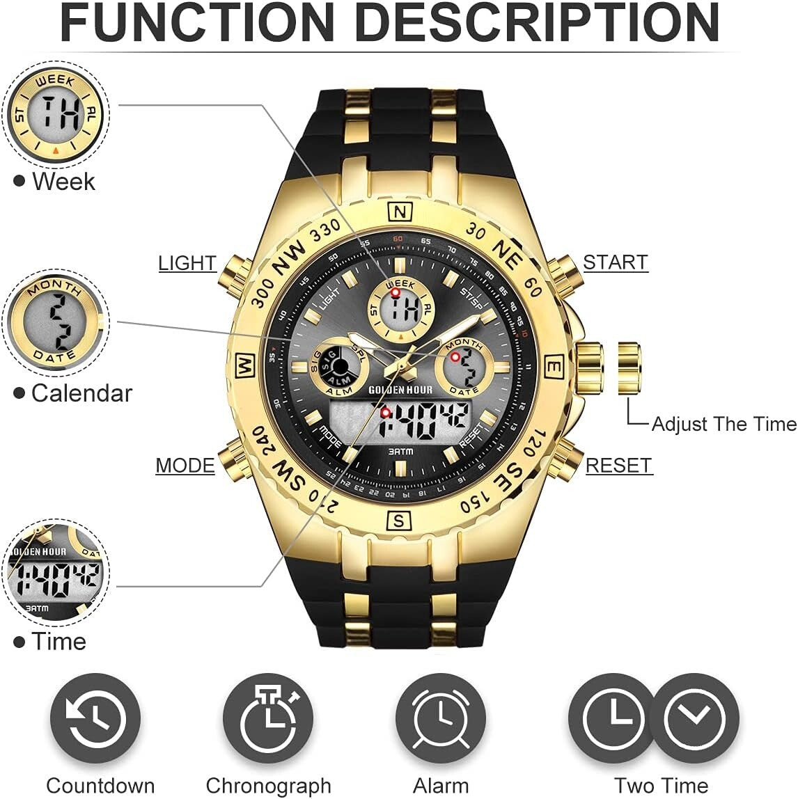 Multi-Functional Military Men's Watch - 3ATM Waterproof, Comfortable Rubber Band