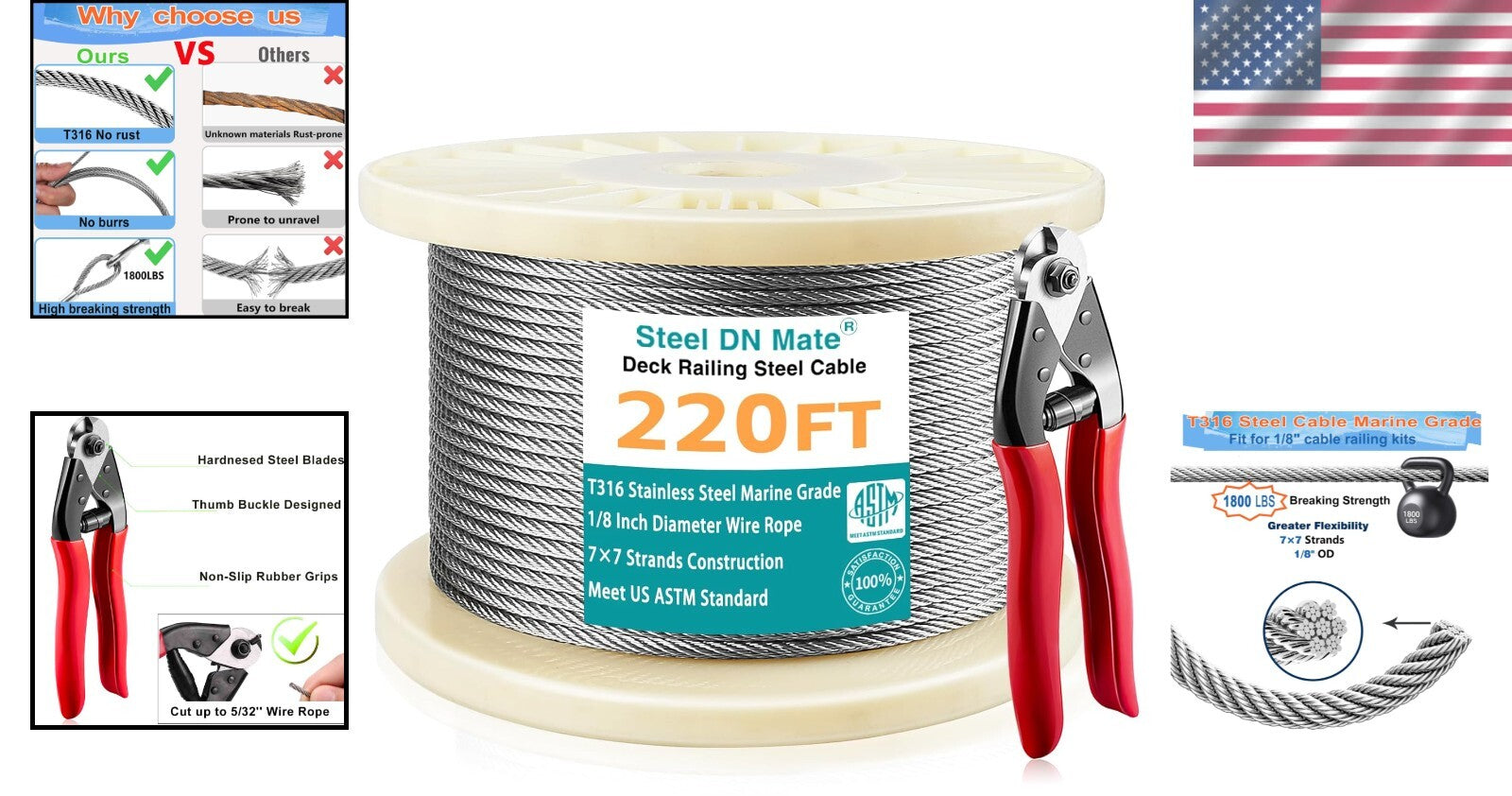 220FT Stainless Steel Cable with Cutter - Ideal for Railing & Landscape Projects