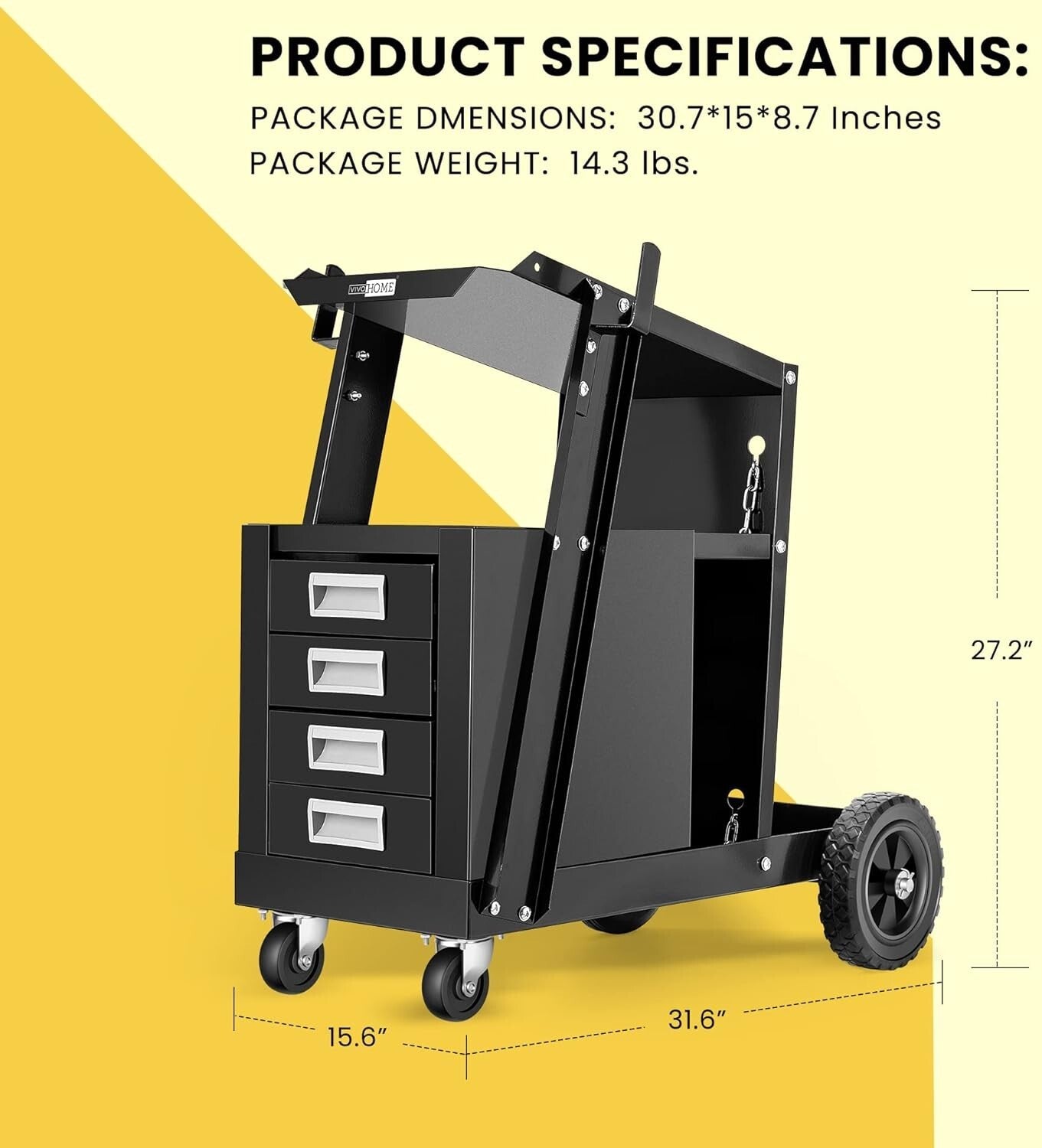 Compact Portable Welding Cart with Four Drawers & Safety Chains for Tank Storage