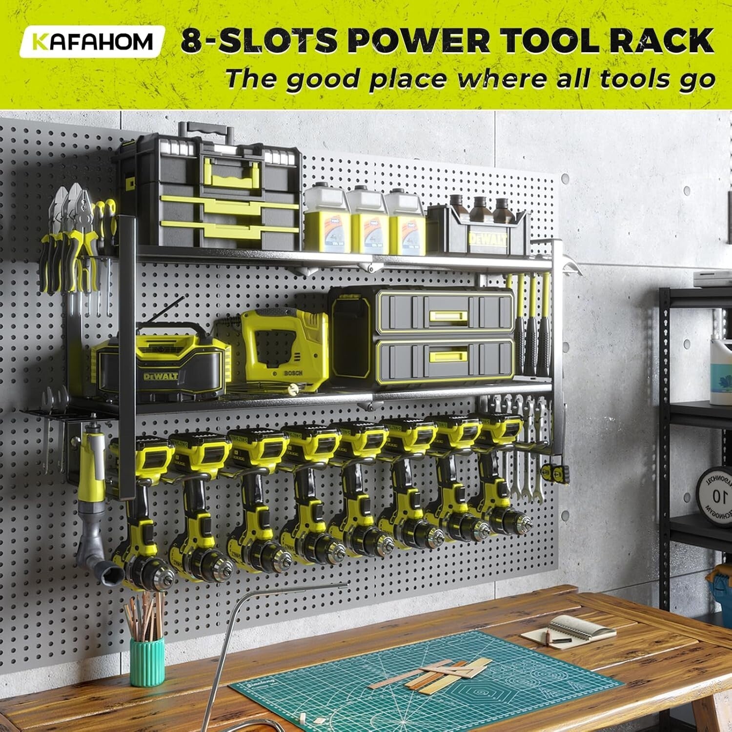 Classic Power Tool Storage Rack, 8 Drill Holder & Indoor Wall Mount Design