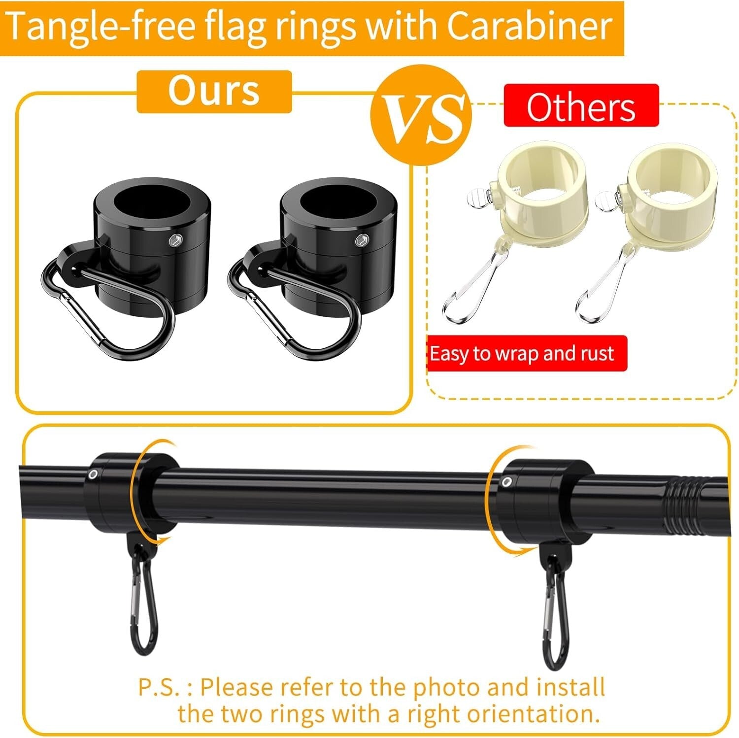 Flag Pole Kit - 2 x 6 FT Stainless Steel Tangle-Free Poles for All Weather Use