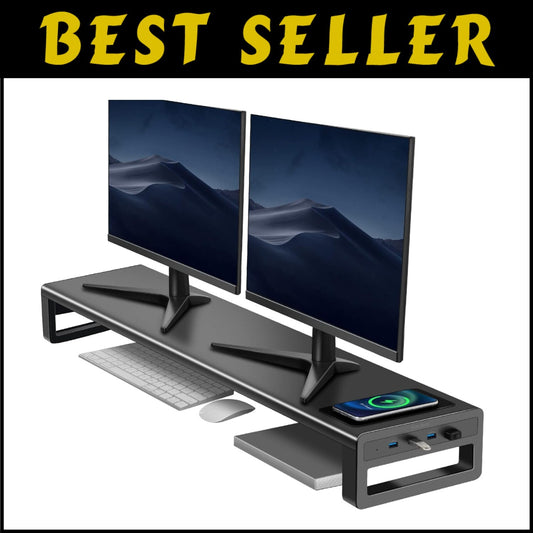 High-Quality Dual Monitor Riser with Fast Wireless Charging & 4 USB Ports