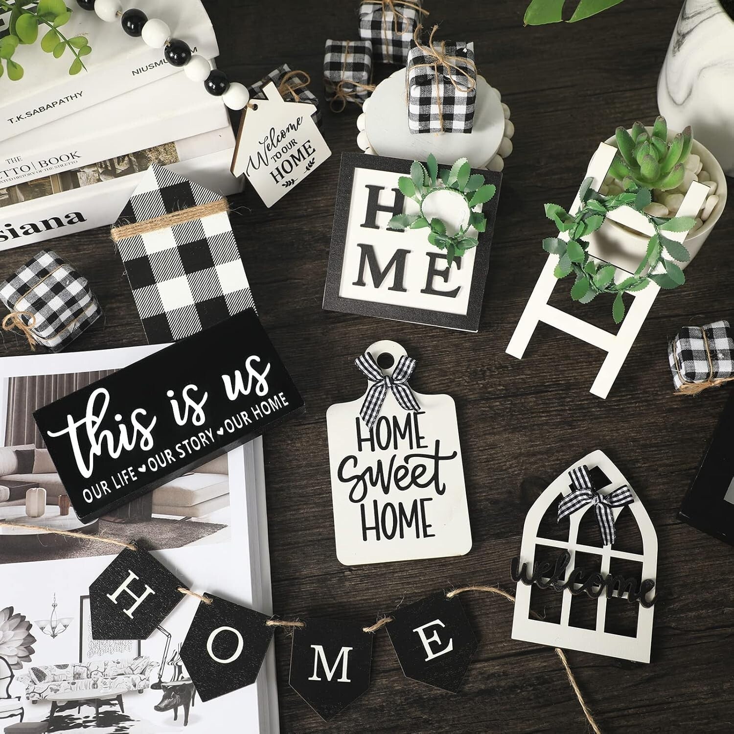 Charming Rustic Wood Tray Decor Set with 11 Signs - Ideal for Housewarming Gifts