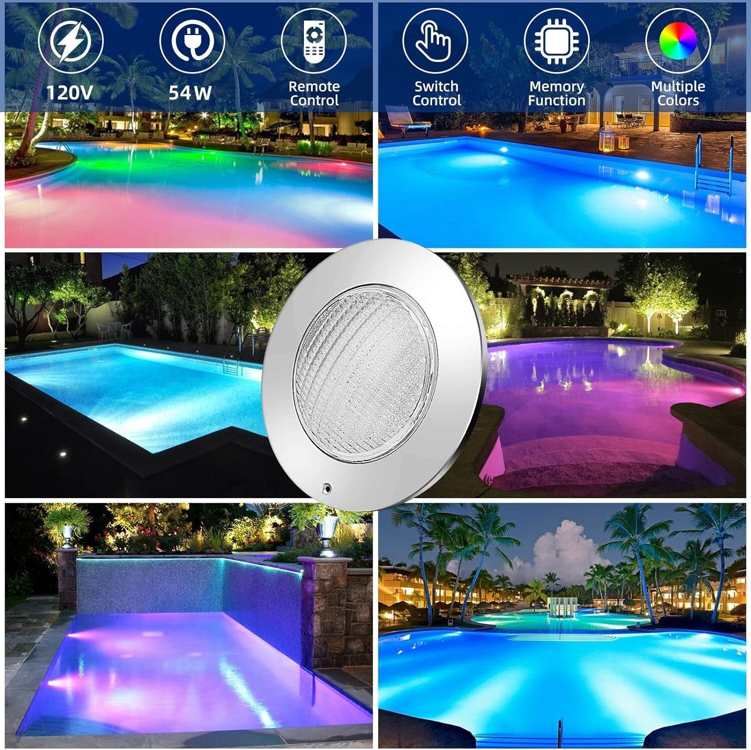 Versatile 54W Color Changing Pool Light - 12V Safe, Waterproof, Modern Design