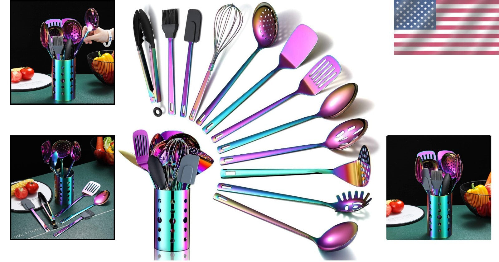 Durable Rainbow Kitchen Utensils Set - 13 Stainless Steel Pieces for All Cooking