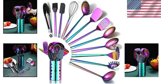 Durable Rainbow Kitchen Utensils Set - 13 Stainless Steel Pieces for All Cooking