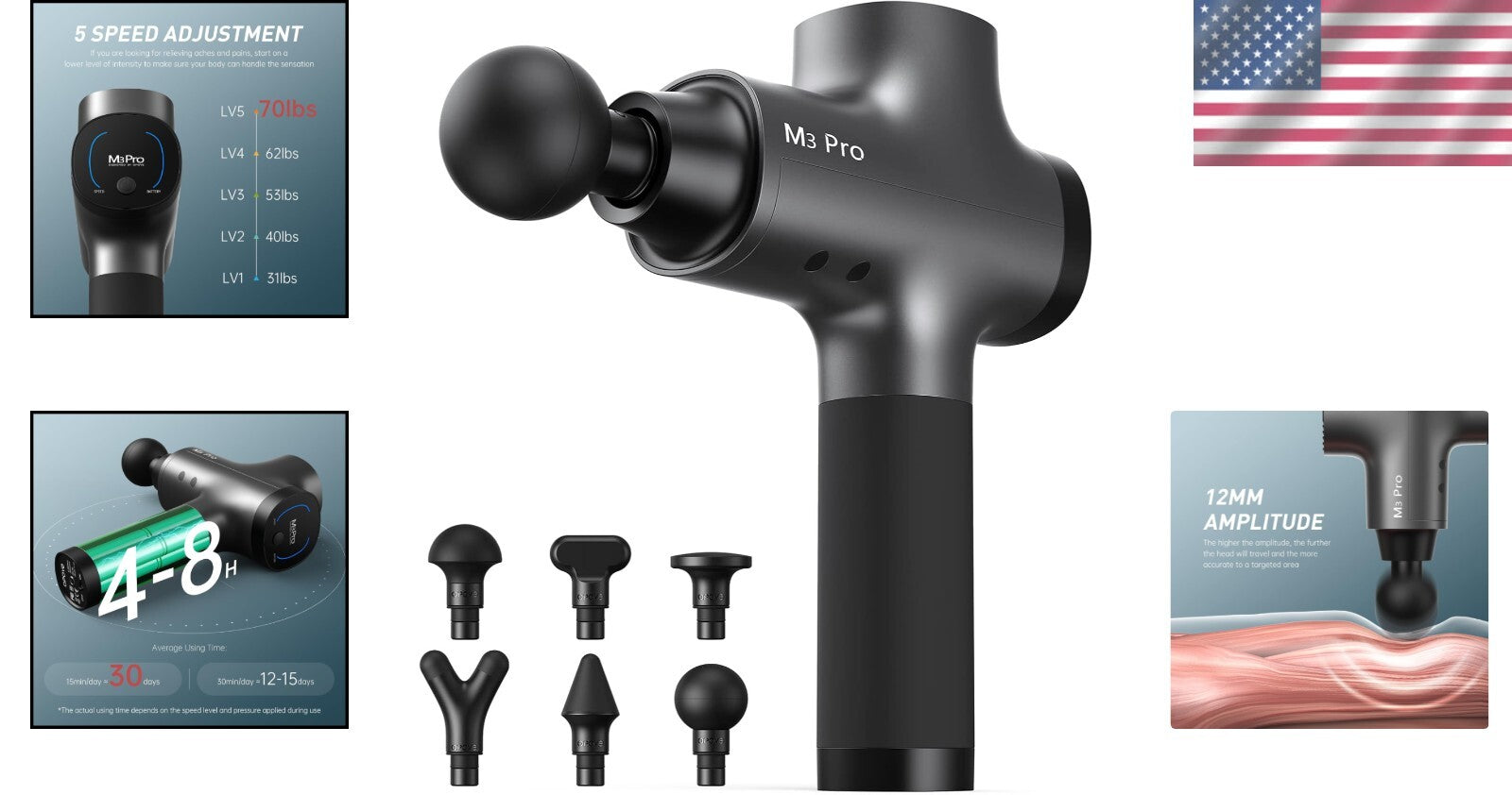 Deep Tissue Massage Gun with 70lbs Force & 30 Days Battery - Space Gray Design