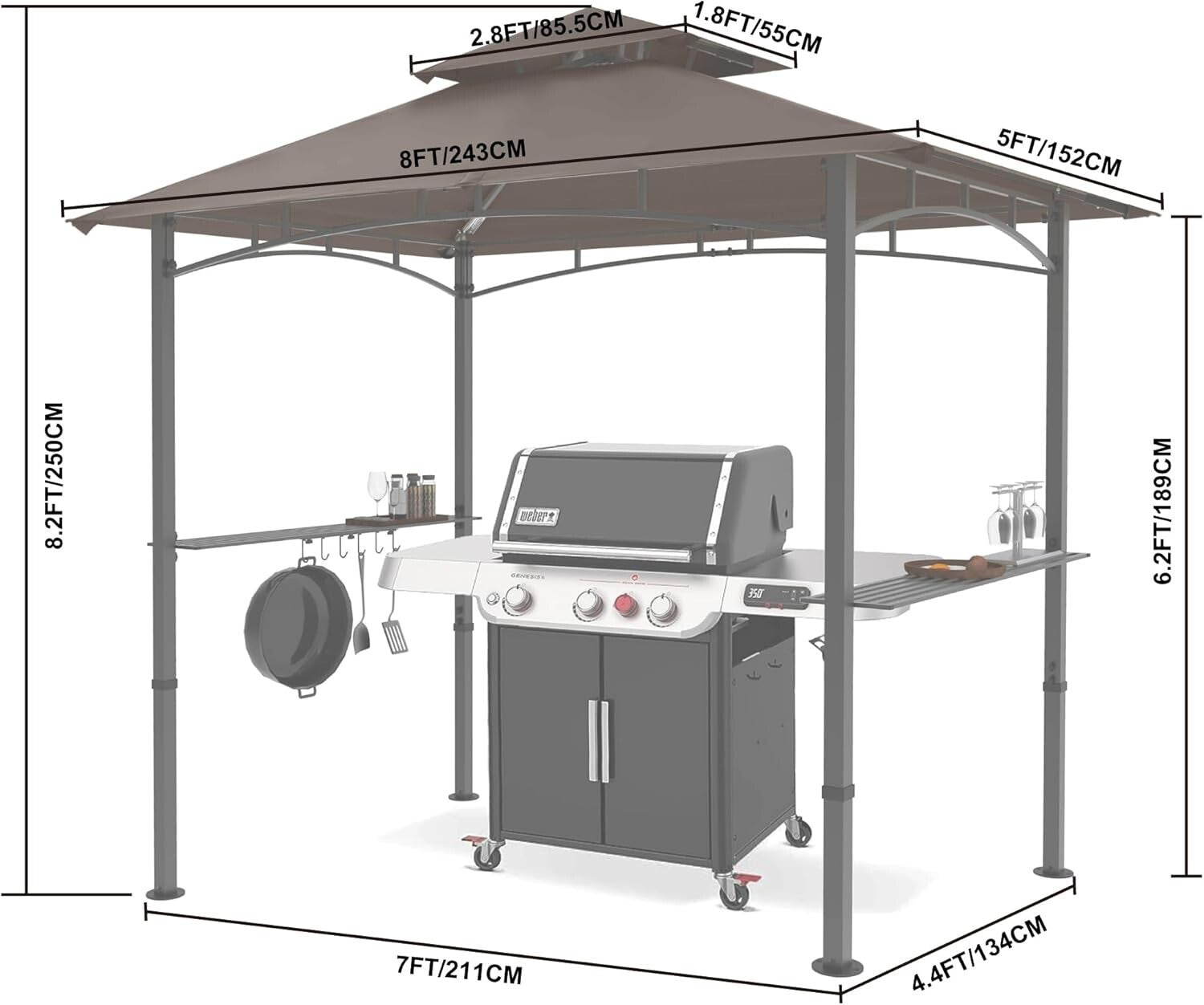 Elegant Brown 8 ft x 5 ft Grill Gazebo Canopy - Complete with LED Lighting