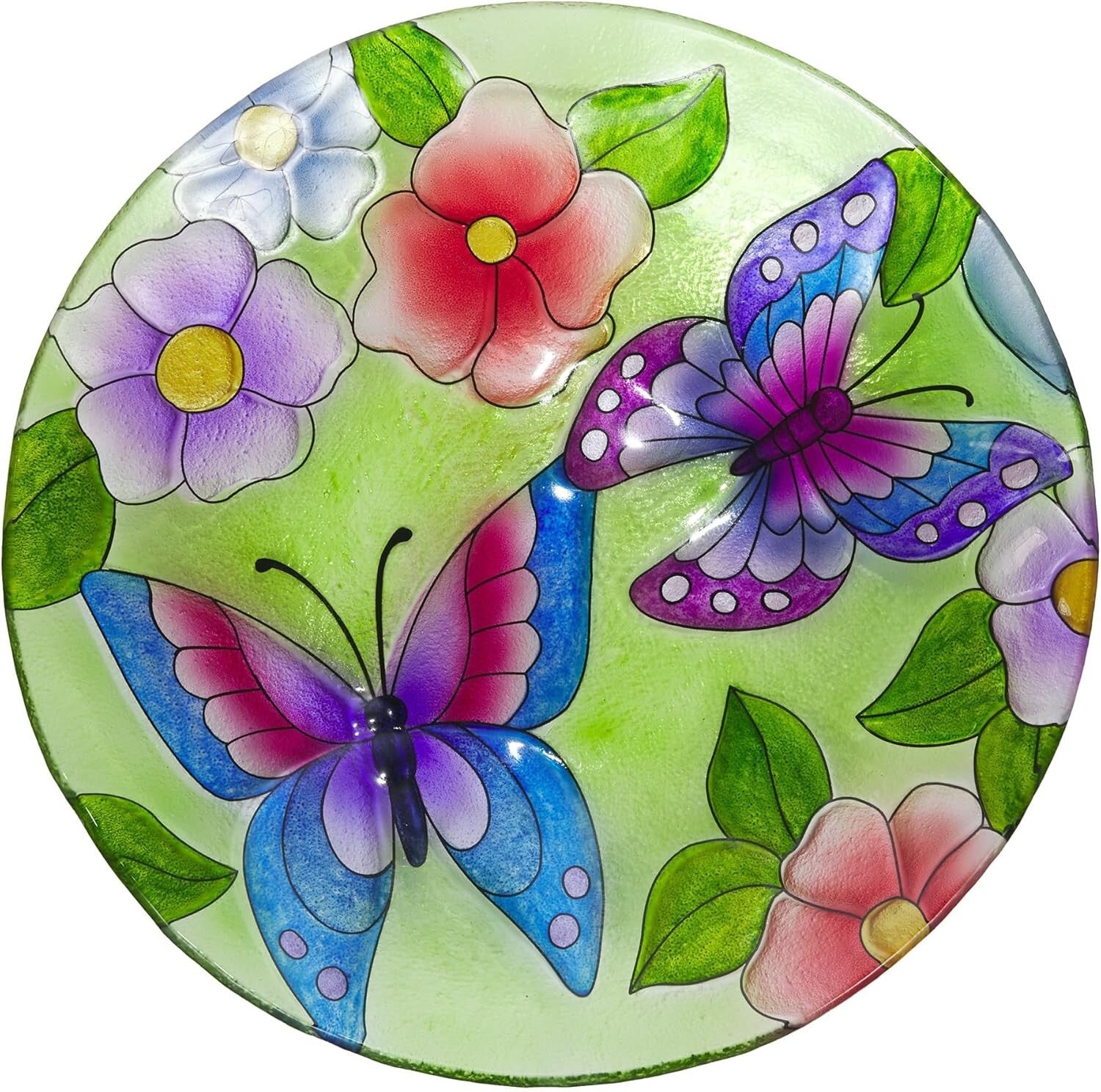 Decorative 18" Glass Birdbath Bowl with Butterfly & Floral Design for Outdoors