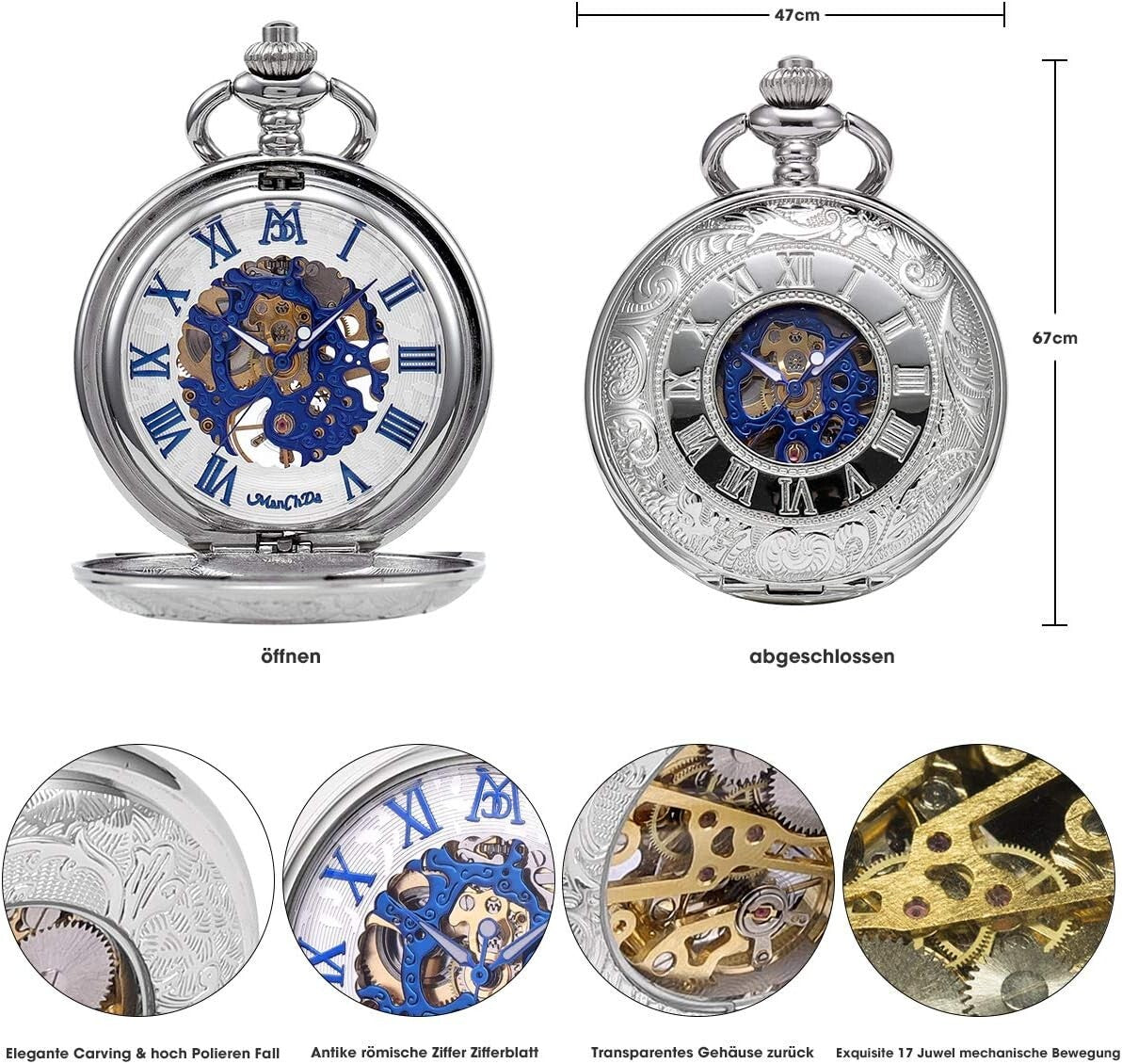 Stylish 47mm Skeleton Pocket Watch with Engraving - Perfect Gift for Men & Women
