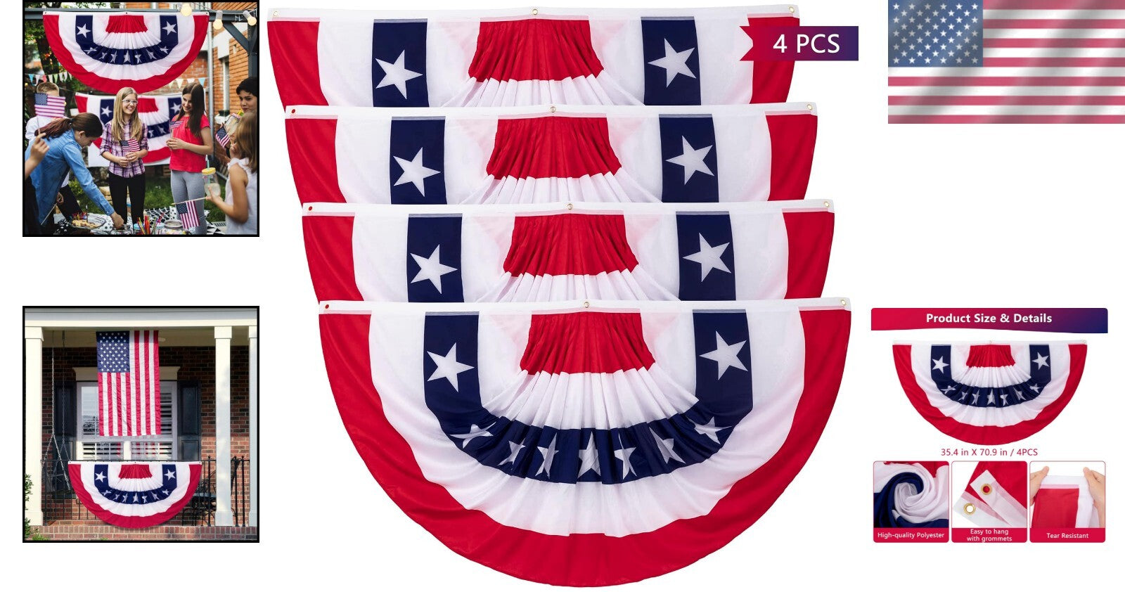Durable 4th of July Pleated Fan Flags - 4 PCS for Memorial Day & Independence