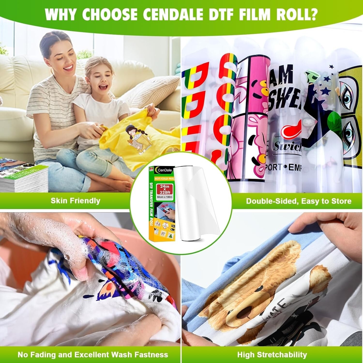Premium Double-Sided DTF Transfer Film Roll 24" x 328ft for Vibrant Prints