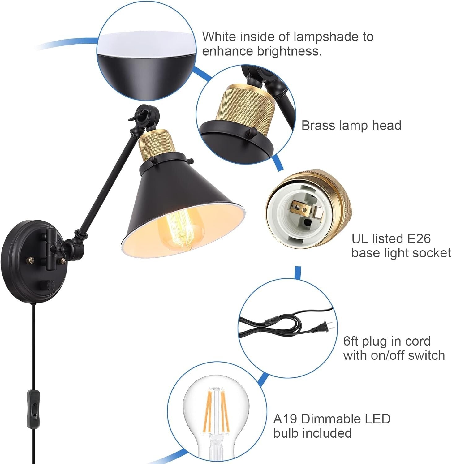 Elegant Dimmable Swing Arm Wall Sconce Set - UL Listed, 2 LED Bulbs Included