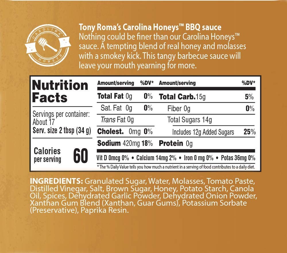 Versatile Honey BBQ Sauce - Carolina Style, 20 Ounce Bottles in Bulk for Cooking