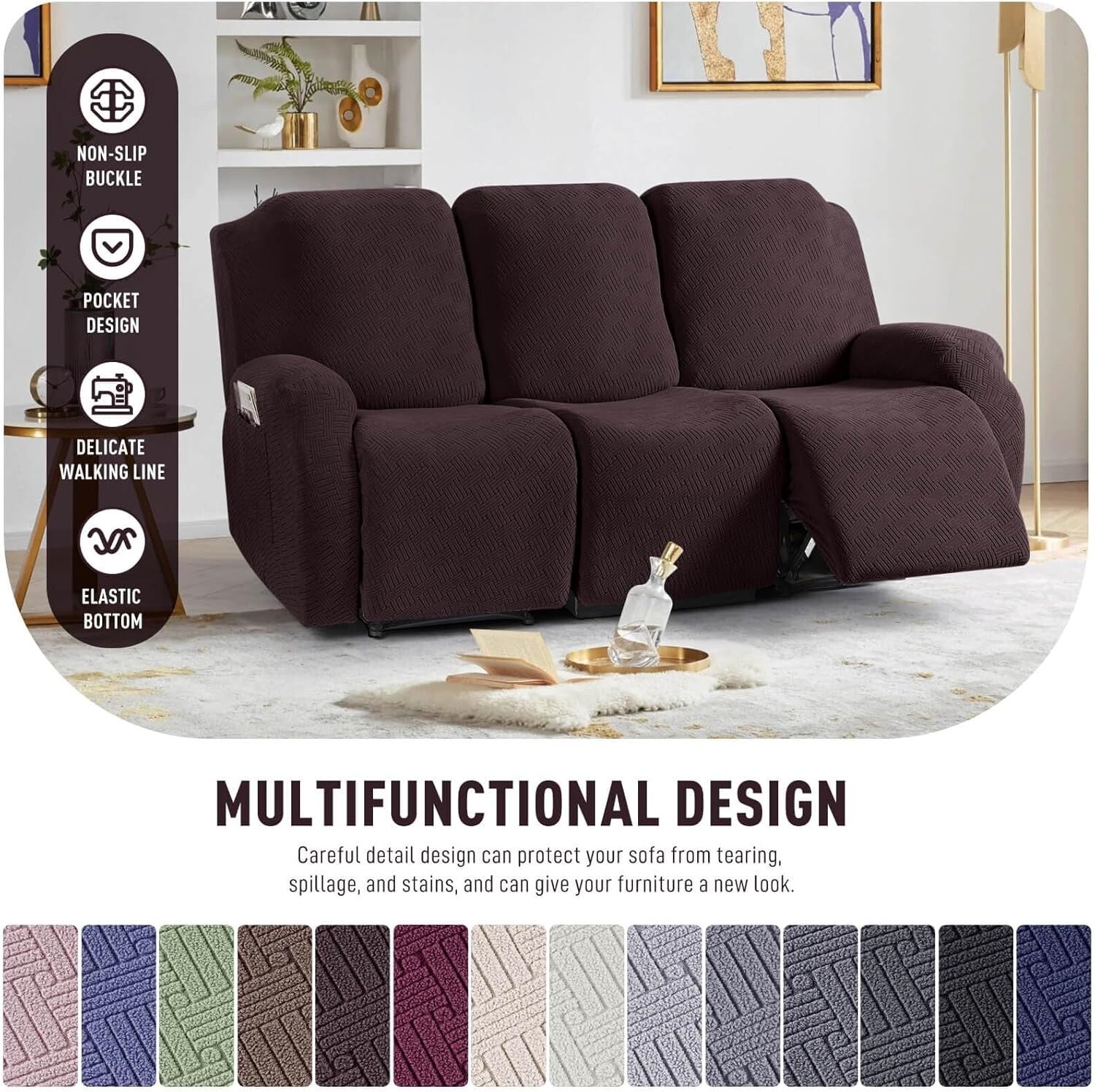 Elegant Stretch Recliner Sofa Covers with Jacquard Pattern - Dark Coffee