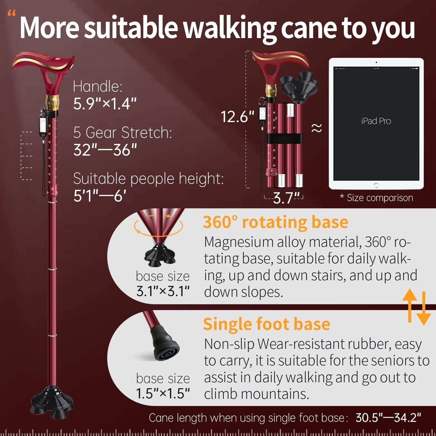 Adjustable Smart Alarm Cane with LED Light - Portable and Ergonomic Design