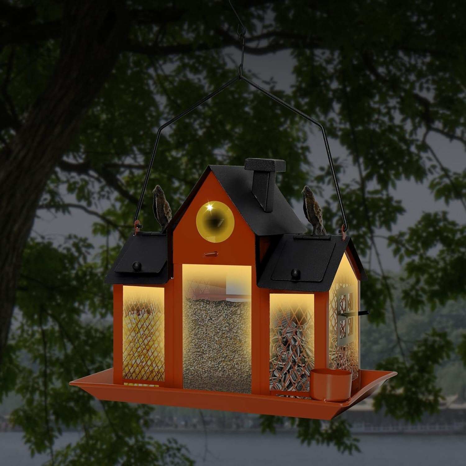 Elegant Solar Bird Feeder House - 7lbs Capacity & Water Cup for Backyard Birds