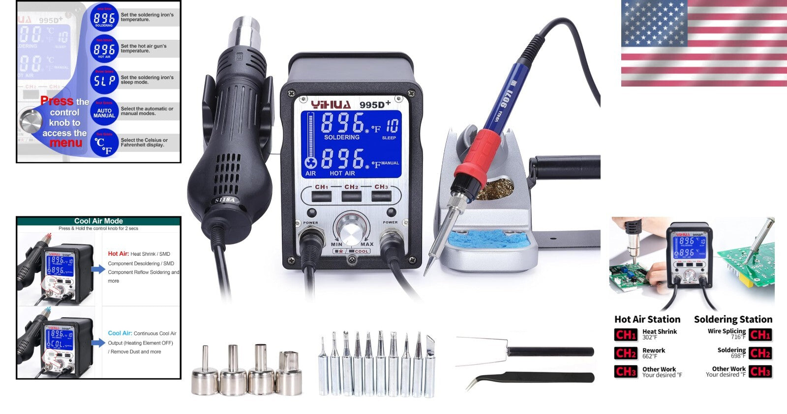 Versatile 995D+ Hot Air Gun & Soldering Iron Station with Programmable Features