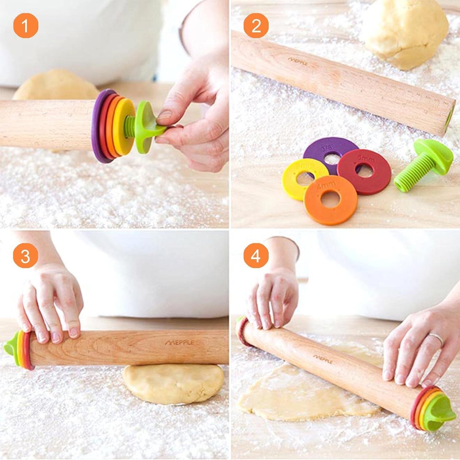 Adjustable Wooden Rolling Pin with Rings & Silicone Pastry Mat for Perfect Dough