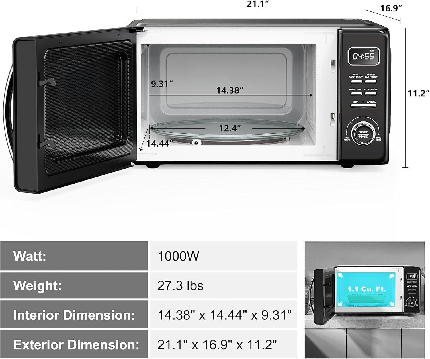1.1 cu ft Retro Microwave with Auto Programs & Easy Clean Glass Turntable, Black