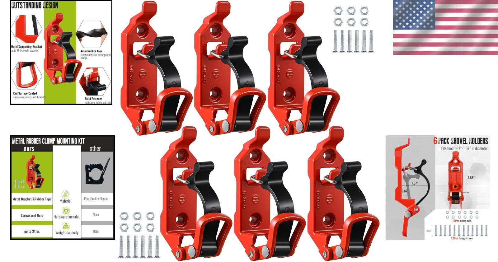 Durable Metal Rubber 6 Pcs Shovel Holder Kit for Trucks & Off-Road Vehicles