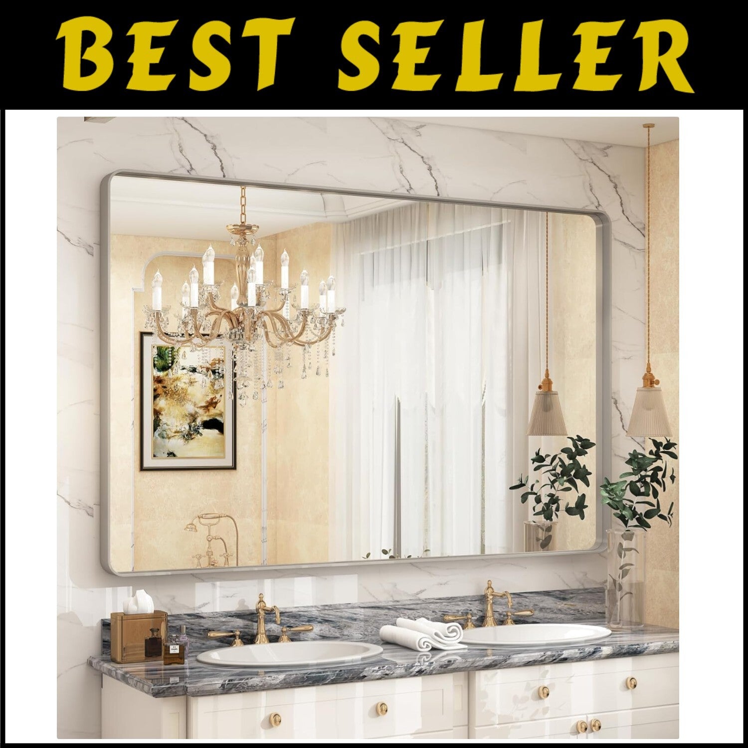 Elegant 60x40 Silver Framed Bathroom Mirror - Hangs Horizontally or Vertically