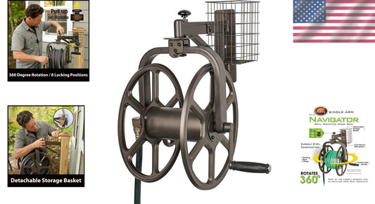 Rotating Bronze Hose Reel Holds 125ft Hose: Garden Essentials for Neat Storage
