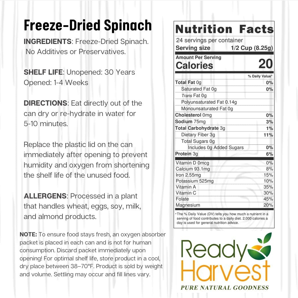 25-Year Shelf Life Freeze-Dried Spinach - Perfect for Camping & Survival Kits